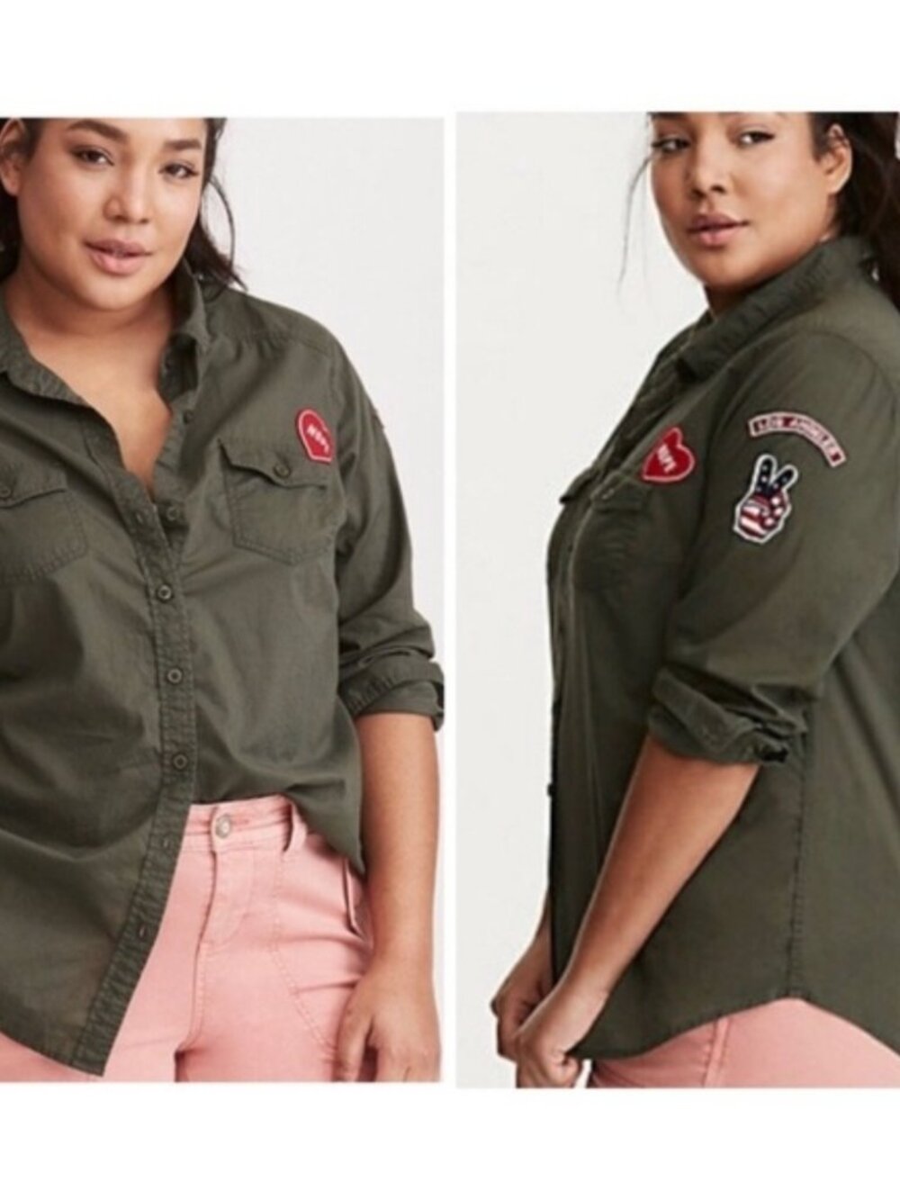 Torrid Army Green Long Sleeve Button Down Shirt Patches Size 3X